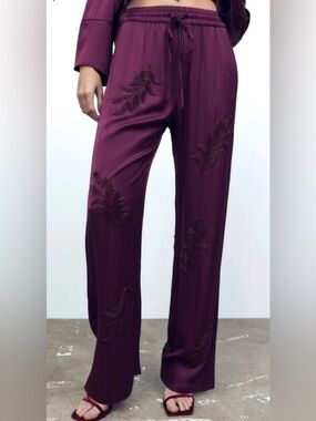 ZARA Beaded Embroidered High Waist Wide Leg Satin Effect Purple Pants Sz M NWT
